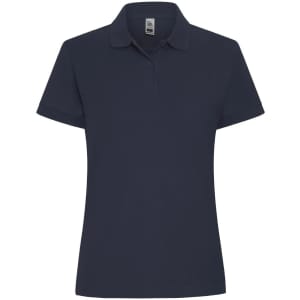 A navy women's polo shirt with a collar, short sleeves, and a logo on the chest.