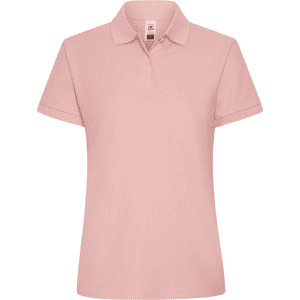 A women's polo shirt in a soft pink colour, featuring a collar and short sleeves. It has a logo on the front.