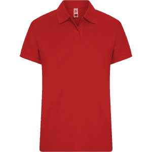A red women's polo shirt featuring a classic collar and short sleeves, with a logo on the chest.