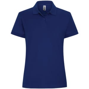 A navy blue women's polo shirt featuring a collar and short sleeves. It has a logo on the chest area.