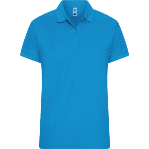 A blue women's polo shirt with a classic collar and short sleeves, featuring a logo.