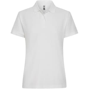 A white women's polo shirt with a classic collar and short sleeves, featuring a branding logo.