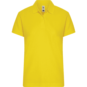 A bright yellow women's polo shirt featuring a collar and short sleeves, with a branding logo.