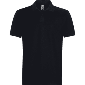 A black men's polo shirt with a collar and short sleeves, featuring a logo on the chest.