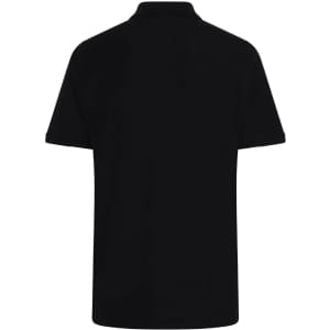 A black men's polo shirt featuring a collar and short sleeves, with a logo on the back.