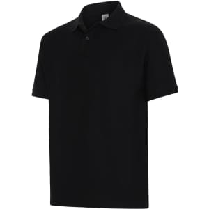 A black polo shirt with a classic design, featuring a collar and short sleeves. It has a logo on the chest.
