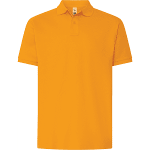 A plain bright yellow polo shirt with a collar and short sleeves, featuring a logo on the chest area.