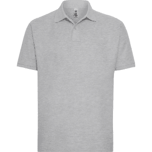 A grey men's polo shirt with a collar, featuring a logo on the chest area.