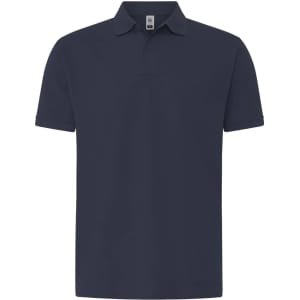 A navy blue men's polo shirt with a collar and short sleeves, featuring a logo on the chest area.