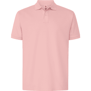 A pink polo shirt with a collar, featuring short sleeves and a logo on the chest.