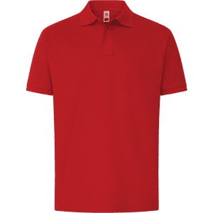 A red polo shirt with a collar, short sleeves, and a logo on the chest area.
