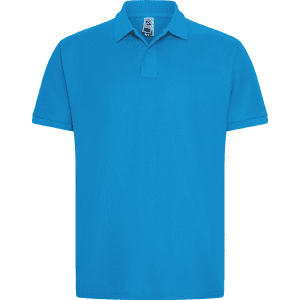 A blue polo shirt with a classic collar and short sleeves, featuring a logo on the chest.