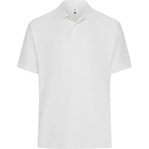 A white men's polo shirt featuring a collar and short sleeves, with a logo on the front.