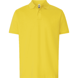 A yellow polo shirt featuring a collar and short sleeves, with a subtle branding logo.