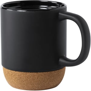 A black coffee mug with a cork base and a smooth finish, featuring a handle and a branded logo.