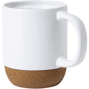 A white ceramic mug with a cork base and a smooth handle, featuring a simple design.