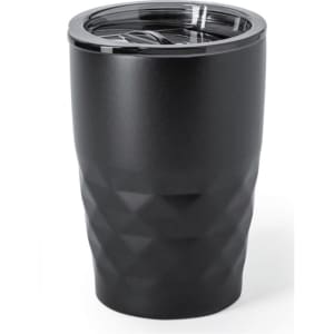 A drink bottle featuring a diamond cut design in matte black, with a clear, removable lid.
