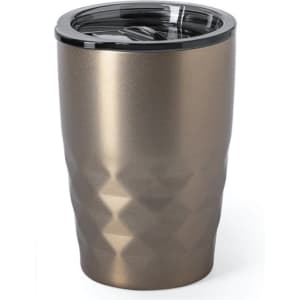 A drink bottle with a diamond cut design in a metallic bronze finish, featuring a black lid.