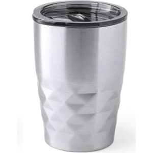 A drink bottle in a silver, diamond cut design with a black lid and a logo on the side.