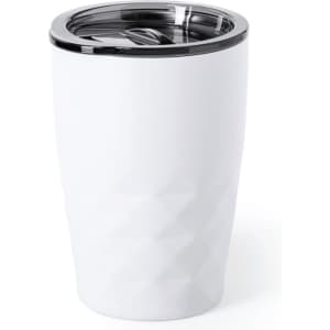 A drink bottle featuring a white, diamond cut design with a sleek chrome lid and a logo.