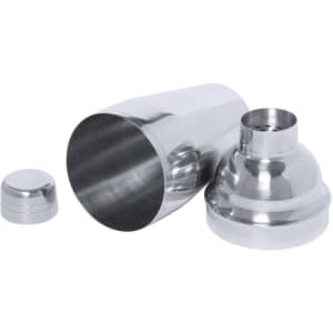 A stainless steel Bondi cocktail shaker with two pieces and a set of measuring cups. Features a shiny finish.