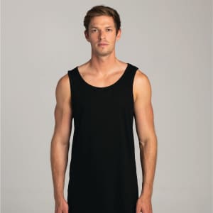 A black men's singlet in a simple, sleeveless design. It has a logo on it and features a plain background.