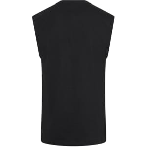 A black men's tank top with a sleeveless design and a logo on the back.