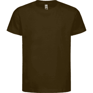 A dark olive green kids' essential tee with a classic crew neck and short sleeves. The shirt features a brand logo.
