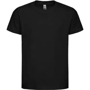 A black t-shirt with a crew neck and short sleeves, featuring a branded label.