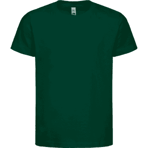 A dark green kids' t-shirt displayed flat. The shirt features a logo on the upper centre.