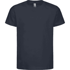 A navy blue kids' essential t-shirt with a round neck and short sleeves, featuring a logo.