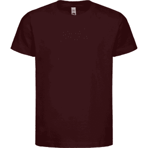 A burgundy kids' t-shirt with a crew neck and short sleeves. It features a logo.