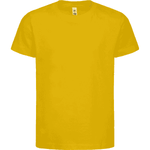 A yellow kids’ t-shirt with short sleeves and a round neck. It features a logo on the front.