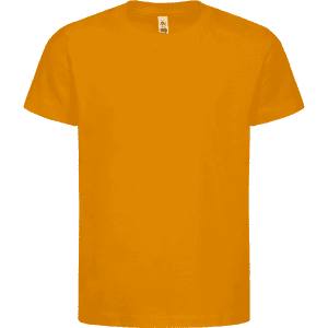 A bright yellow kids' t-shirt in a standard short-sleeve style, featuring a logo on the label.