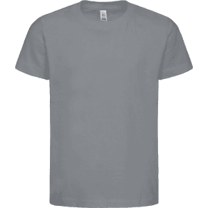 A grey kids' T-shirt with a classic crew neck and short sleeves, featuring a logo on the label.