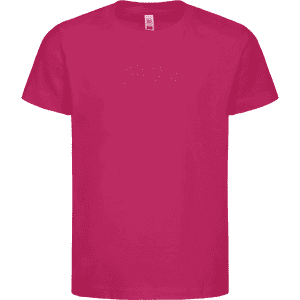 A pink t-shirt with short sleeves and a round neckline, featuring a logo on the label.