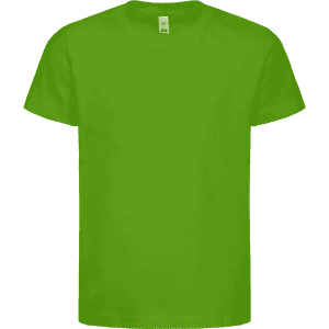 A bright green children's T-shirt with short sleeves, featuring a simple design and a branded label.