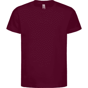 A burgundy kids' t-shirt with a classic crew neck design and short sleeves. It features a logo on the front.