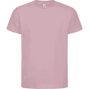 A pink T-shirt with a classic crew neck and short sleeves. The shirt features a logo.