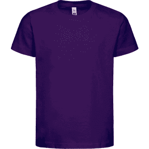 A purple kids' t-shirt with short sleeves and a regular fit, featuring a visible logo on the label.