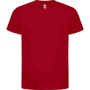 A red short-sleeved T-shirt featuring a logo on the front.