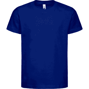 A navy blue kids' t-shirt with short sleeves and a crew neckline. It features a logo on the label.