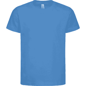 A blue t-shirt with short sleeves and a simple design. The shirt features a logo on the label.