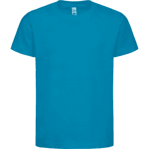 A bright blue children's t-shirt with short sleeves and a round neckline. The shirt has a logo on the tag.
