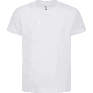 A white kids' essential tee featuring a classic crew neckline and short sleeves. It has a logo on the tag.