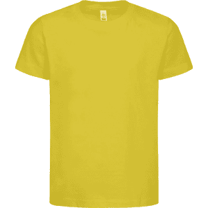 A bright yellow kids' t-shirt with a standard short sleeve design and a logo on the label.