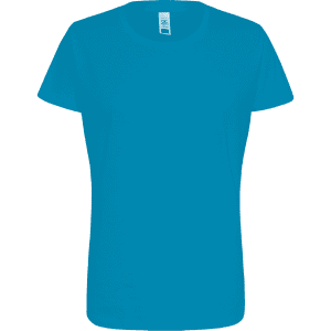 A turquoise women's essential t-shirt with a round neckline and short sleeves, featuring a logo on the tag.
