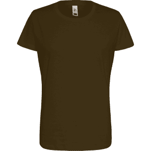 A women's essential tee in dark brown with a simple design and a logo on the label.