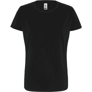 A black women's essential t-shirt with a classic crew neck and short sleeves, featuring a brand label.
