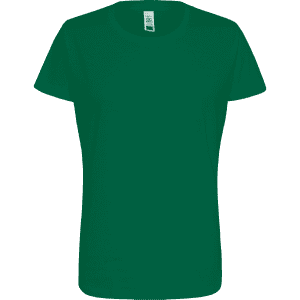 A green women's essential tee with a classic t-shirt design and a branding label.